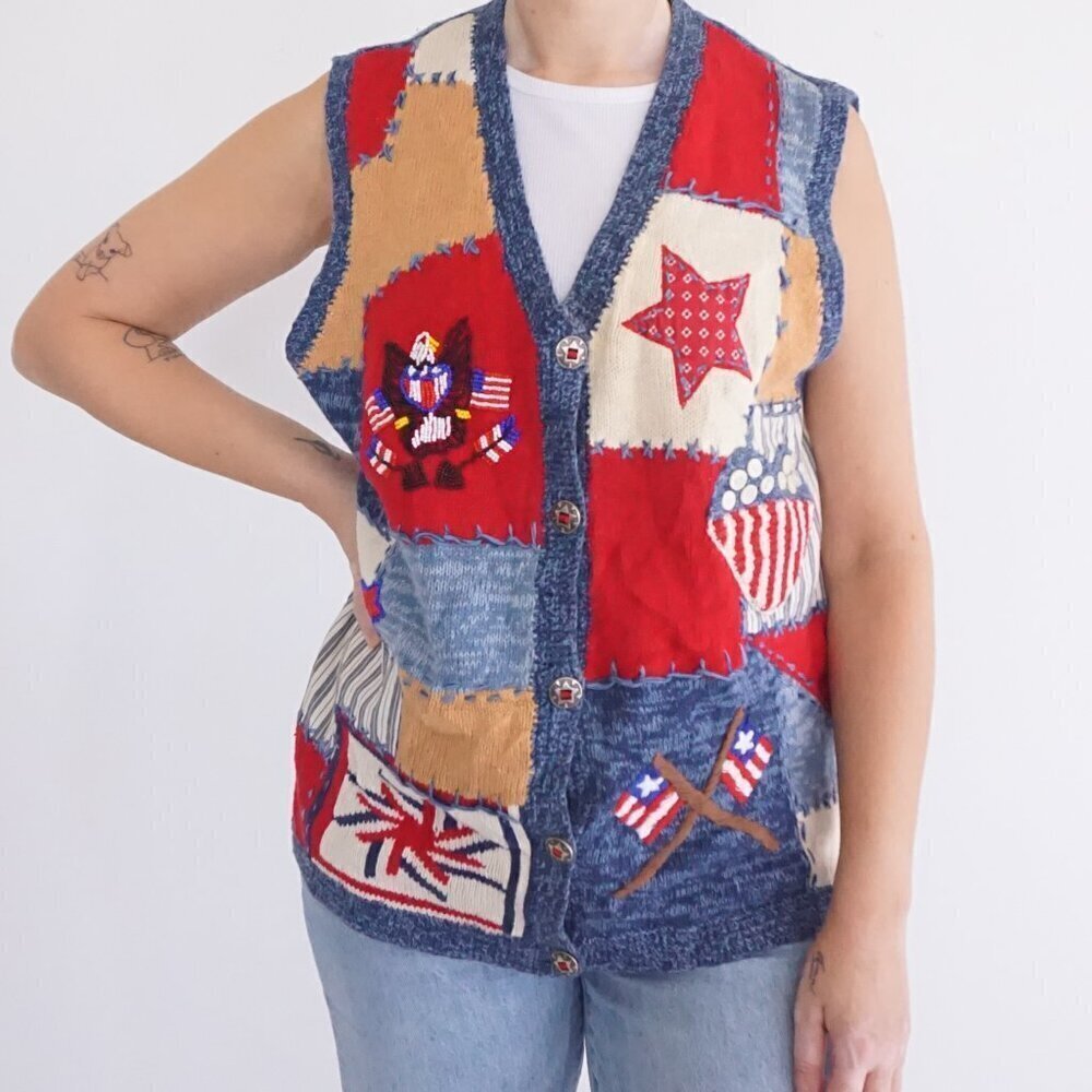 Vintage Cambridge Country Store Blue Red USA Patriotic Cotton Blend Vest L